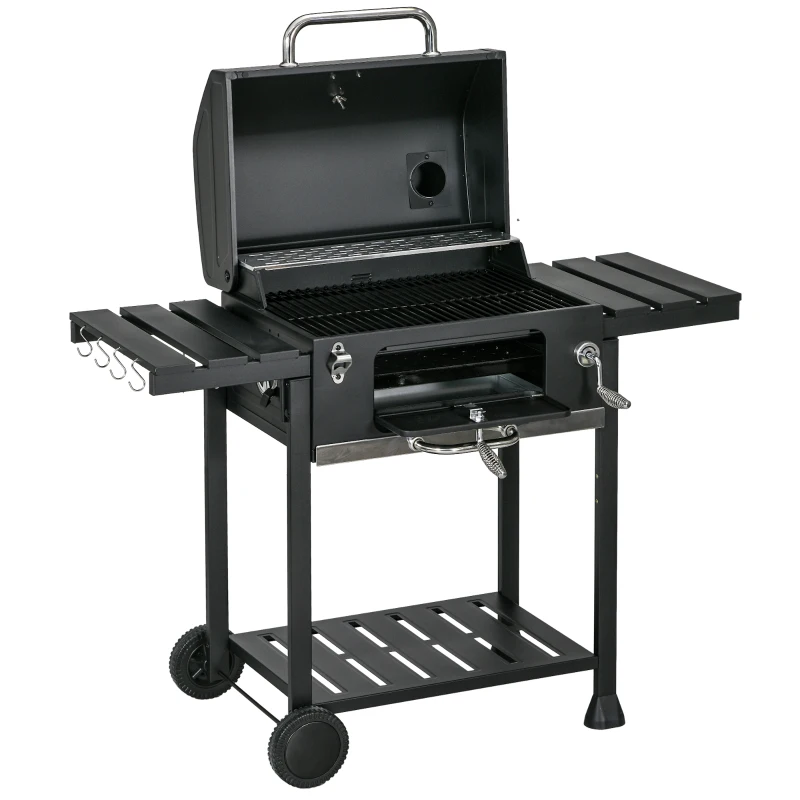 Outsunny Barbecue a Carbone con Coperchio con Termometro, Griglia Regolabile, Ruote e Tavolini, Nero