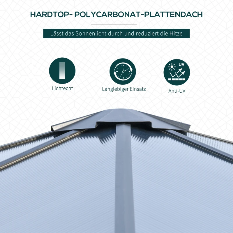 Outsunny Pavillon mit Polycarbonatdach, Vorhänge mit Fliegennetz, Alugestell, grau, 3 x 3 x 2,6 m
