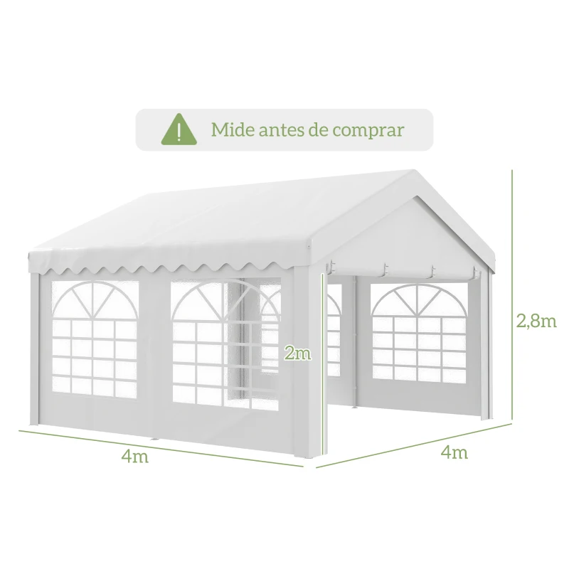 Outsunny Carpa para Fiesta Cochera Gazebo 4x4m Pergola Cenador Pabellón 4 Paneles Laterales 6 Ventanas Anti-UV para Eventos Bodas Acero PE Blanco