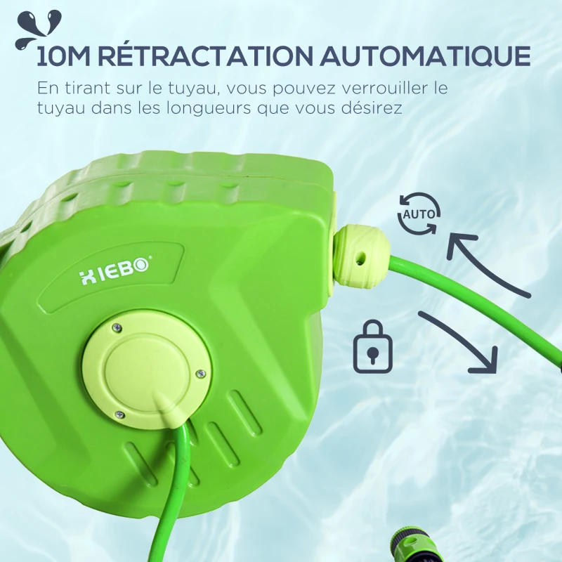 Outsunny Dévidoir Mural Enrouleur Automatique pivotant 180° Tuyau 10 + 1 m avec Lance arrosage Support Mural intégré Vert