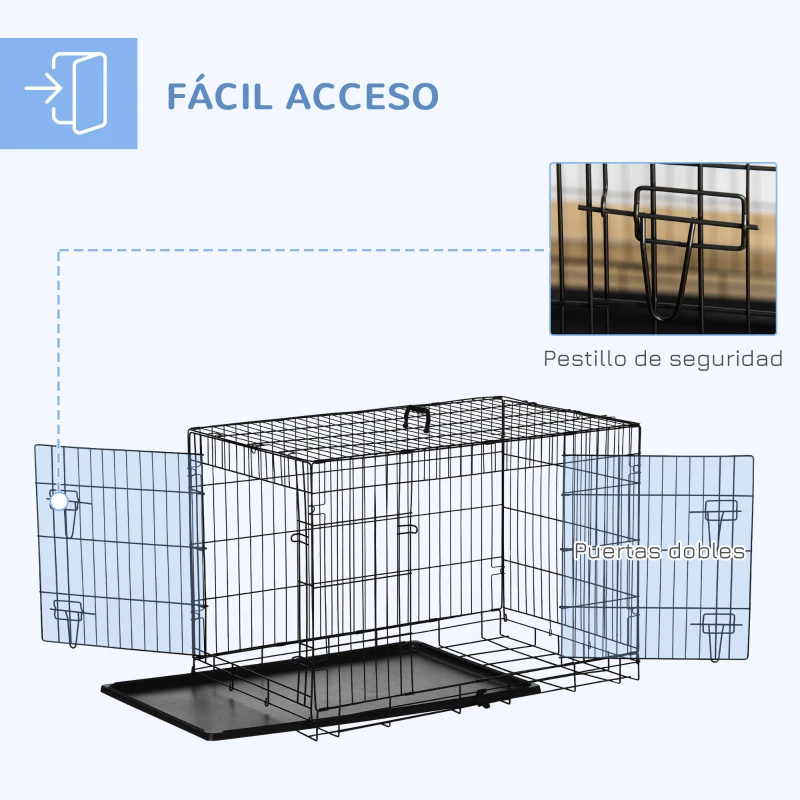 PawHut Jaula para Perros Plegable Transportín para Perros con 2 Puertas Bandeja Extraíble Asa de Transporte 92x57x62,5 cm Negro