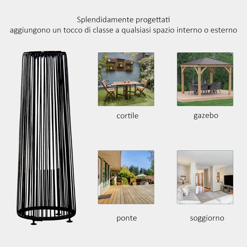 Outsunny Lanterna Solare da Giardino LED con Pannello di Ricarica in Rattan e Metallo , Ø21.5x61cm, Nero