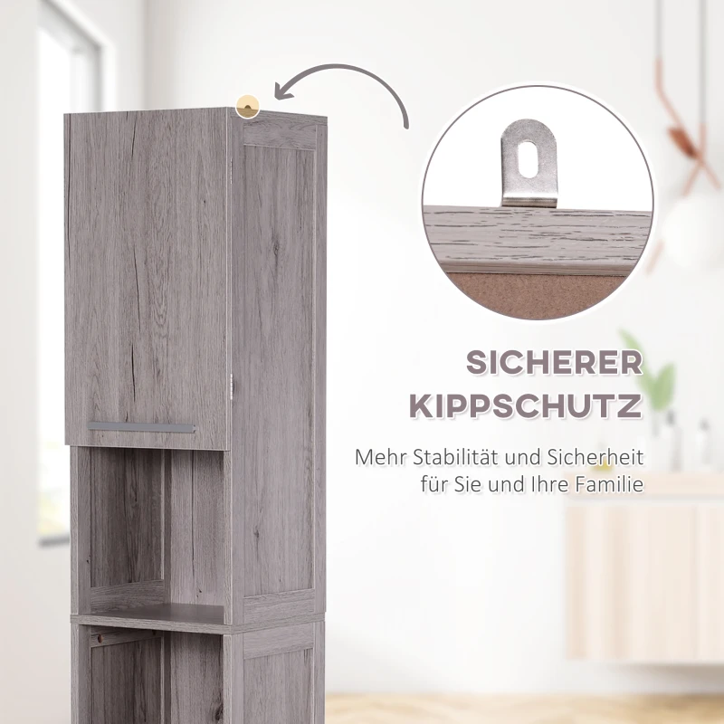 kleankin Badschrank, Badezimmerregal, hoch und schmal, 2 Schrankfächer, 2 offene Regalfächer, grau, 30 x 32 x 172,5cm