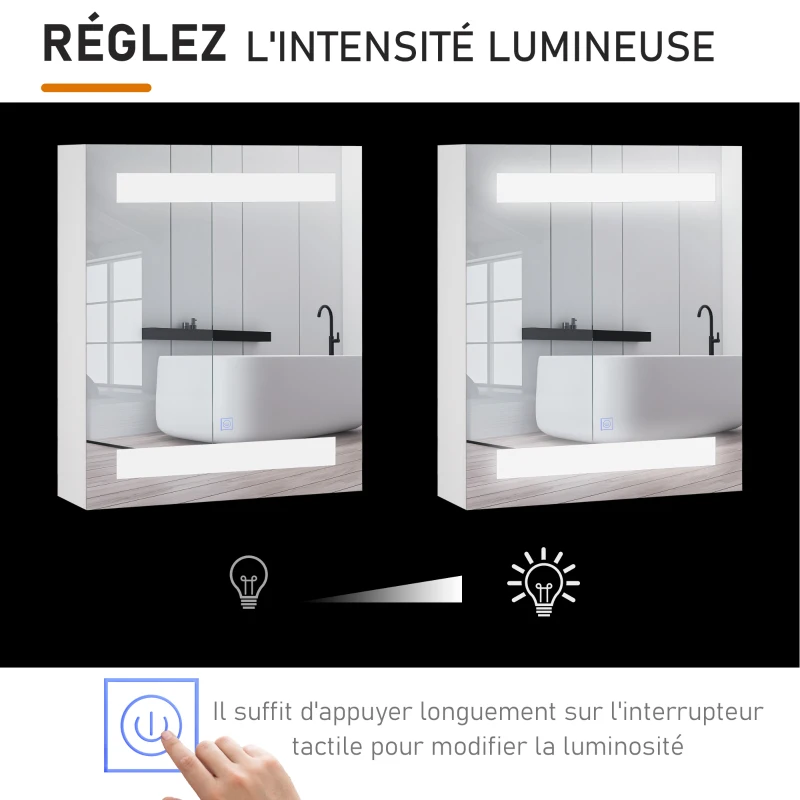 HOMCOM Miroir Lumineux LED Armoire Murale Design de Salle de Bain 2 en 1 dim. 50L x 15l x 60H cm MDF Blanc