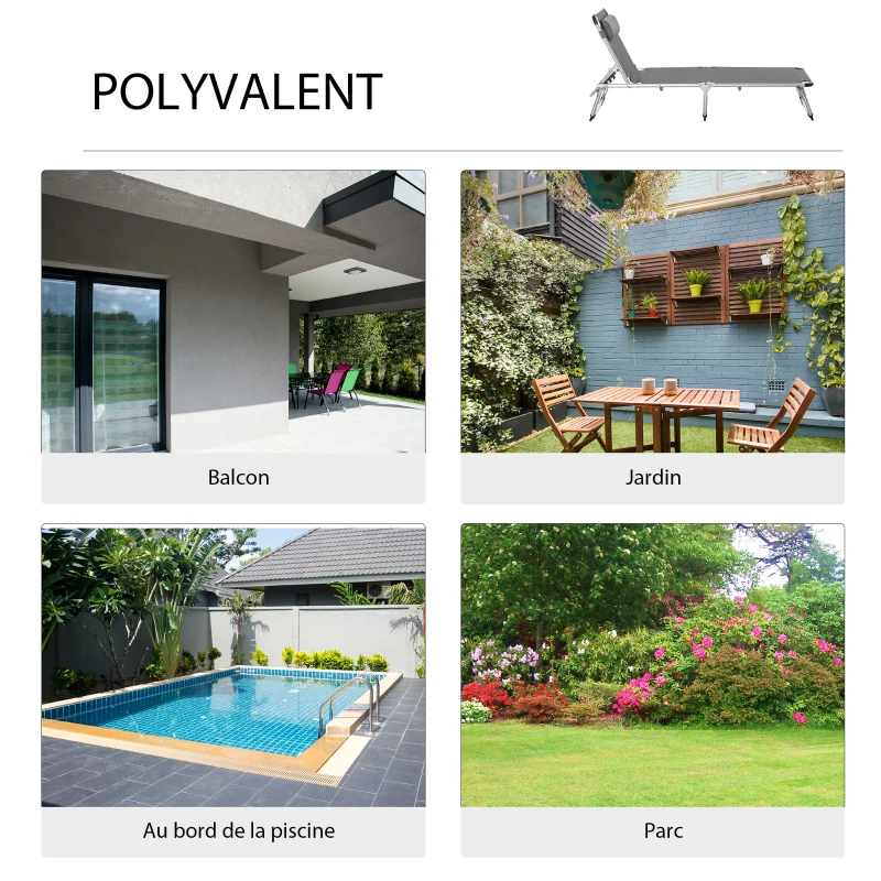 Outsunny Bain de soleil chaise longue pliante avec appuie-tête, transat inclinable en aluminium et textilène, transat jardin extérieur pour plage relax camping piscine terrasse, 165x60x76cm, gris