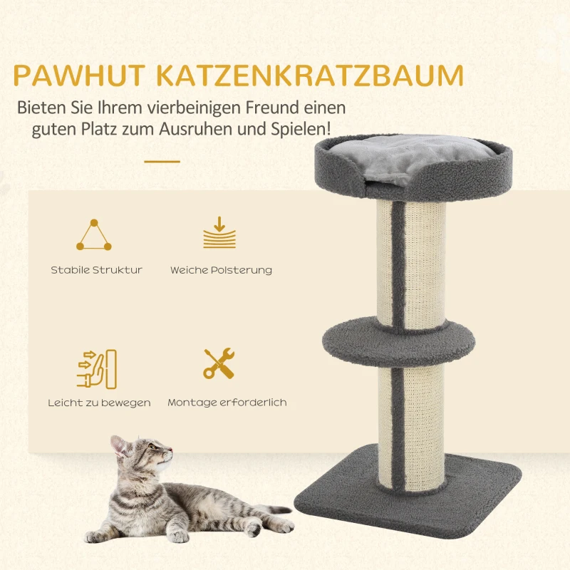 PawHut Kratzbaum Katzenturm 91 cm mit Sisalstämme, Plattform, Kissen mehrstöckiger Katzenkratzbaum, Kletterbaum, für mittelgroße Katzen, Grau