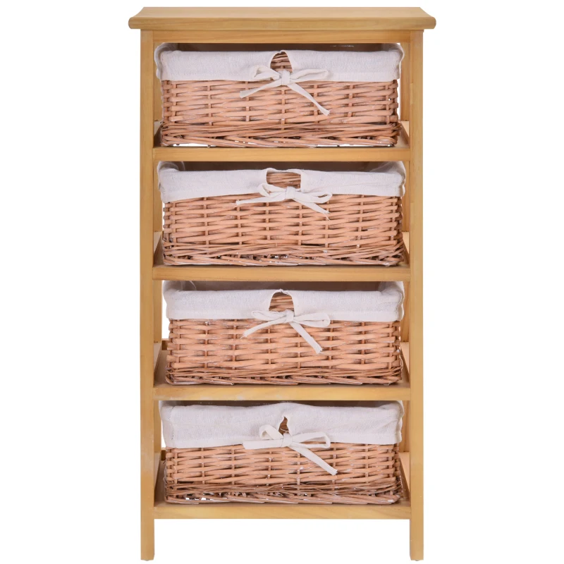 HOMCOM 4 Drawer Dresser Wicker Basket Storage Shelf Unit Wooden Frame Home Organisation Cabinet Bedroom Office Furniture Natural Finish