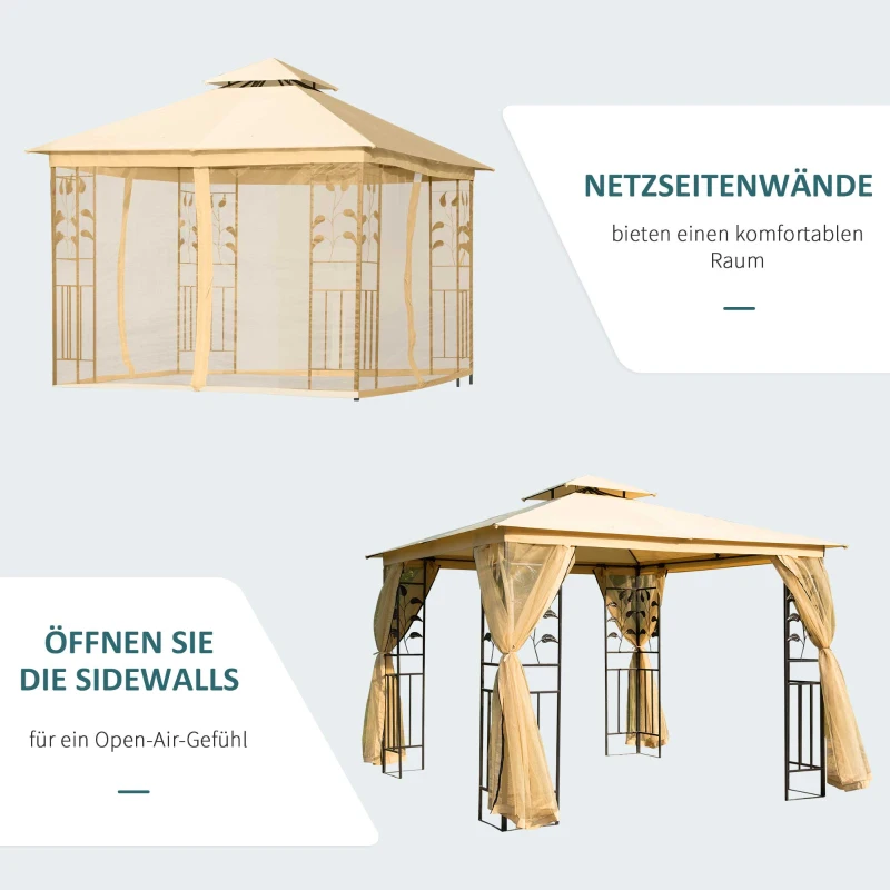 Outsunny Luxus Pavillon 3x3 m Gartenpavillon mit Doppeldach Partyzelt mit Seitenteilen Festzelt Gartenzelt Pagode Beige