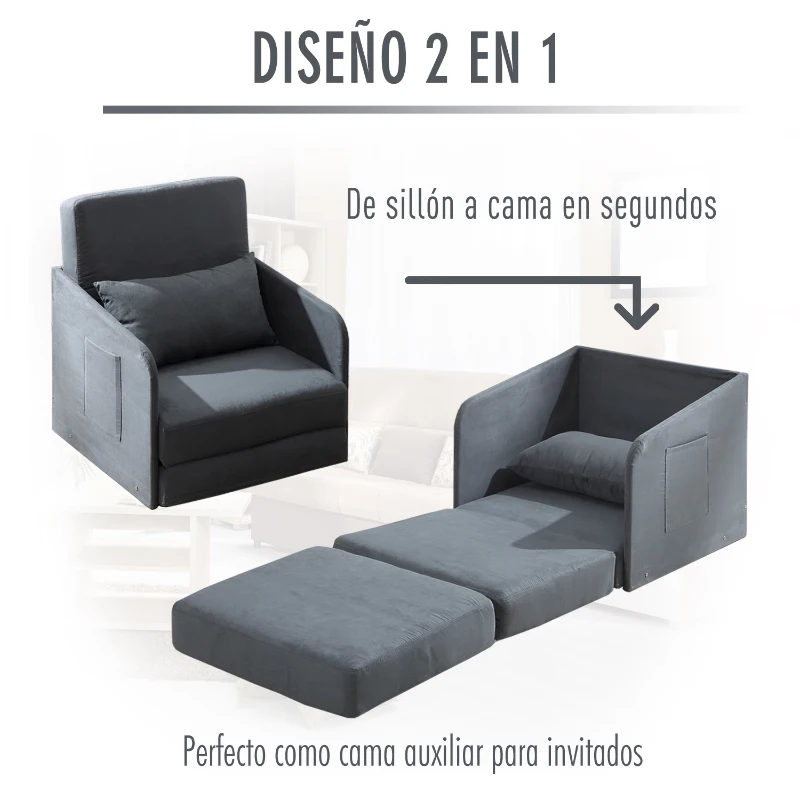 HOMCOM Sofá Cama Individual con Apoyabrazos para Salón Estudio Dormitorio Bolsillos en 2 Lados con 1 Almohada Carga 150kg 70x74×78cm Gris