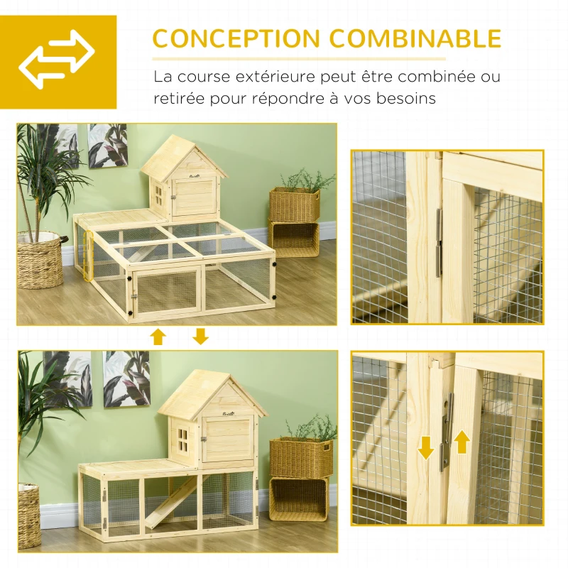 PawHut Clapier en bois enclos pour animaux villa pour lapin 2 niveaux avec aire de course rampe et portes verouillables