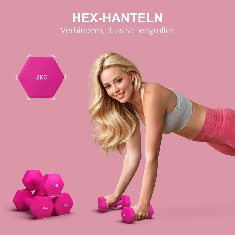 SPORTNOW 2 x 3 kg Halterset, Zeshoekig Ontwerp, Vloervriendelijk, Antislip, Roze