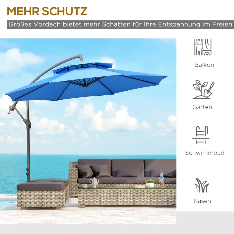 Outsunny Sonnenschirm Ampelschirm Ø2,67 x 2,45 m Kurbelschirm mit Doppeldach Kreuzbasis Stahl Outdoor Sonnenschutz Polyester Stahl Blau