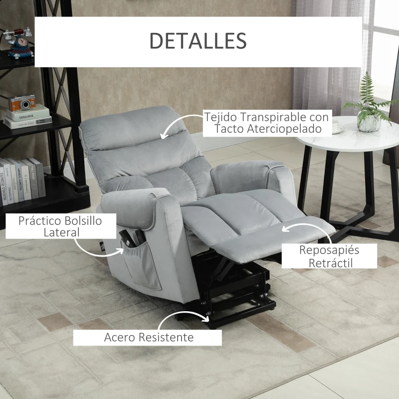 HOMCOM Sillón de Masaje Relax Sillón Levantapersonas con Reclinación Eléctrica hasta 135° Control Remoto y 8 Zonas de Masaje Tapizado en Terciopelo y Acolchado 79x97x103 cm Gris