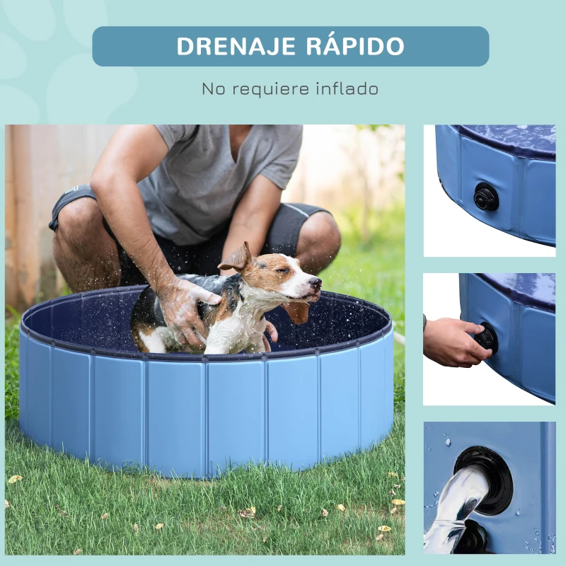 PawHut Piscina Plegable para Perros Gatos Ø100x30 cm Bañera Portátil para Mascotas PVC Antideslizante Múltiples Usos Color Azul