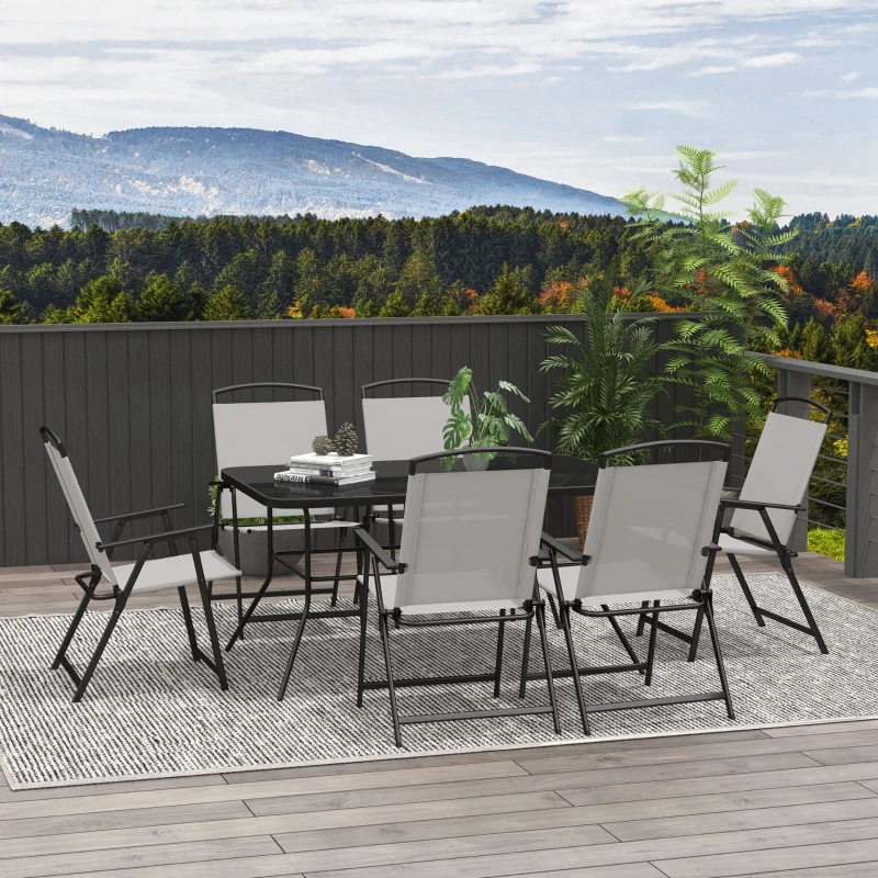 Outsunny Seven-Piece Garden Dining Set, with Glass-Top Table and Folding Chairs - Grey