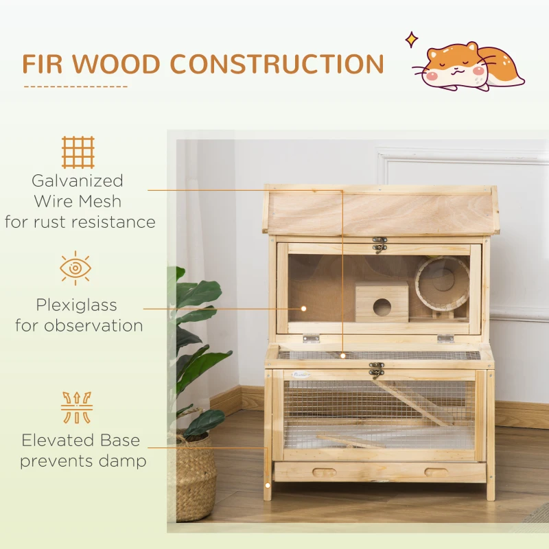 PawHut Wooden Hamster Cage with Pull-Out Tray, Two Tier Small Animal Hutch with Openable Top, Ladder, Seesaw, Running Wheel,  - Natural