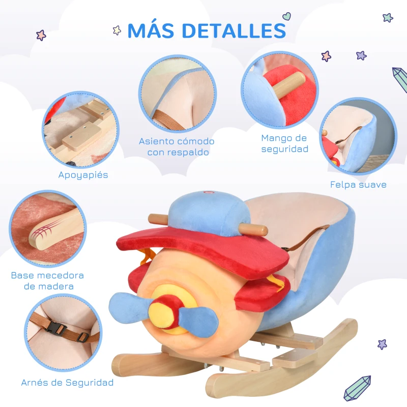 HOMCOM Caballo Balancín para Niños de +18 Meses Avión de Peluche con Música y Cinturón Seguridad Caballito Infantil 60x33x45 cm Multicolor