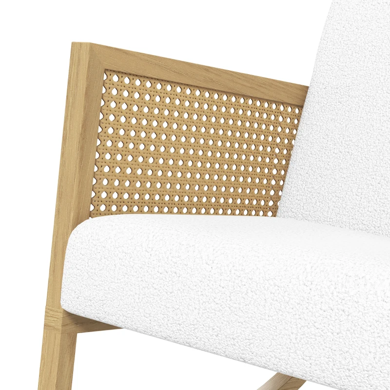 HOMCOM Schaukelstuhl im Boho-Design, Rattan-Dekor, weiche Polsterung, Stoffbezug, Naturholzrahmen, Creme