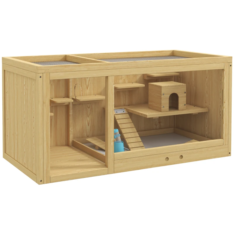 PawHut Wooden Hamster Cage with Water Bottle, Platforms, Openable Roof, Sliding Tray, Hut, Seesaws, Natural Wood Finish