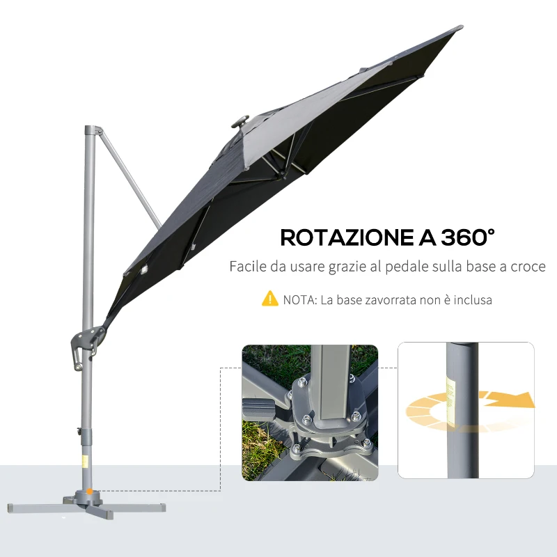 Outsunny Ombrellone a Braccio per Esterno con Luci a LED e Angolazione Regolabile, Ø3x2.5A m, Grigio