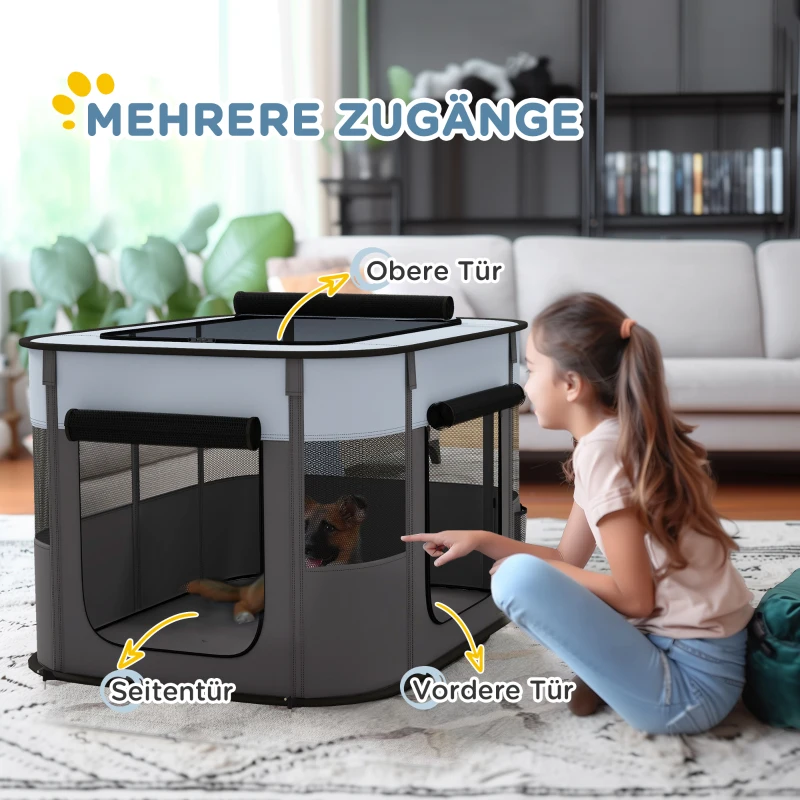 PawHut Spielgehege für Haustiere, faltbar, mit Aufbewahrungstasche, für Welpen und Kätzchen, drinnen und draußen, Grau(m-5)