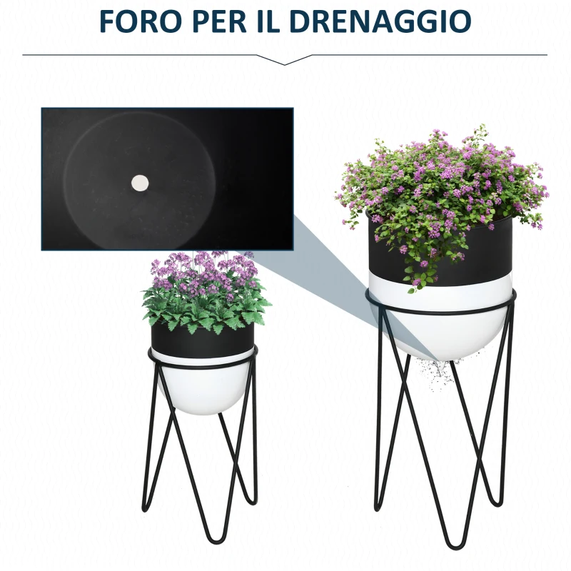Outsunny Fioriera Set di 2 Pezzi con Supporto di Metallo per Arredamento Interni ed Esterni Nera