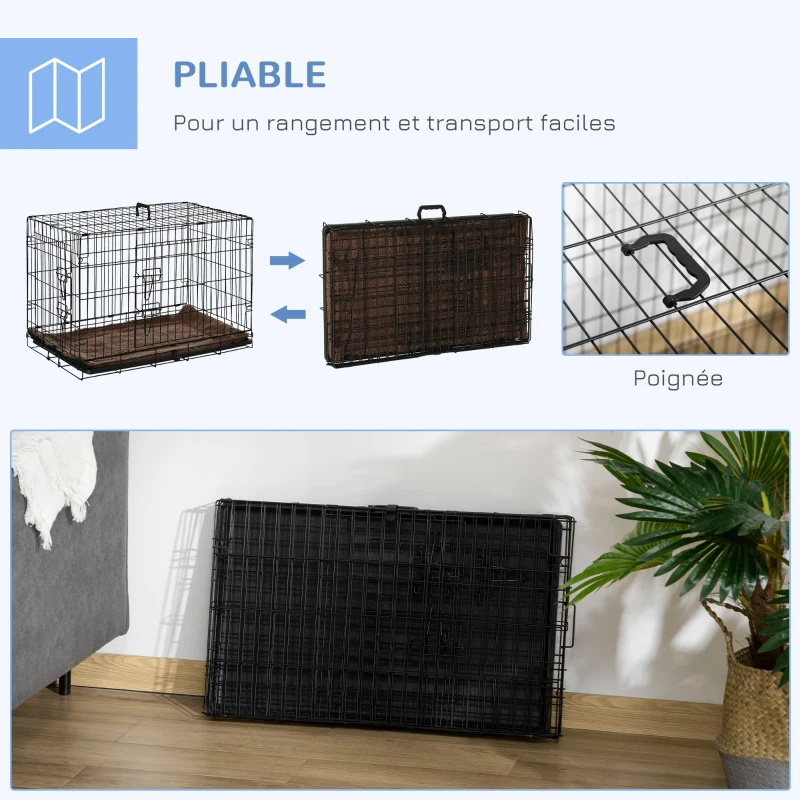 PawHut Cage de transport pliante pour chien poignée, plateau amovible, coussin fourni 74,5L x 46l x 53H cm noir