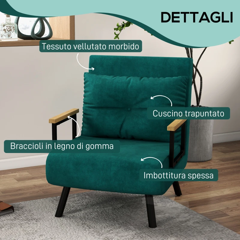 HOMCOM Poltrona Letto 3 in 1 con Schienale Reclinabile in 5 Posizioni e Cuscino, 63x73x81 cm, Verde