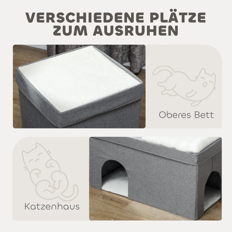 PawHut Katzenhaus mit 2 Katzenhöhlen, einfache Montage, Plüsch, 74 x 37,5 x 78,5 cm, Grau/Cremeweiß
