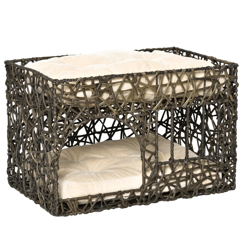 PawHut Cesta de Ratán para Gatos de 2 Alturas Cama Cueva de Gatos con 2 Cojines Suaves y Ventana 56x41x45 cm Café Oscuro