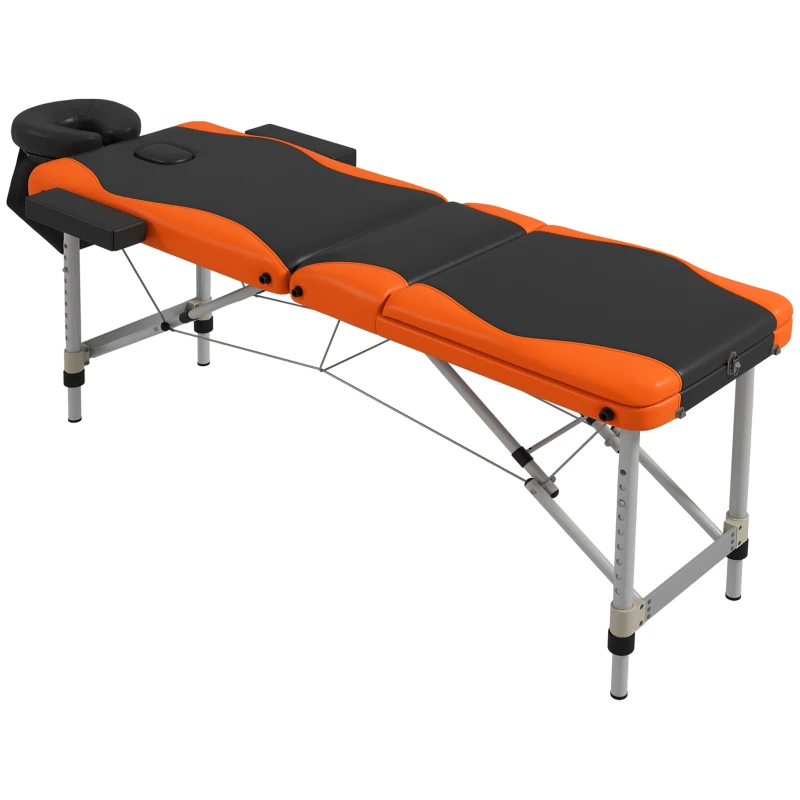 HOMCOM Foldable Massage Bed Portable Table, 3-Section Aluminium Foldable Beauty Couch, Professional Salon Spa Table with Headrest Support and Carry Bag, 60 cm Width, Black and Orange