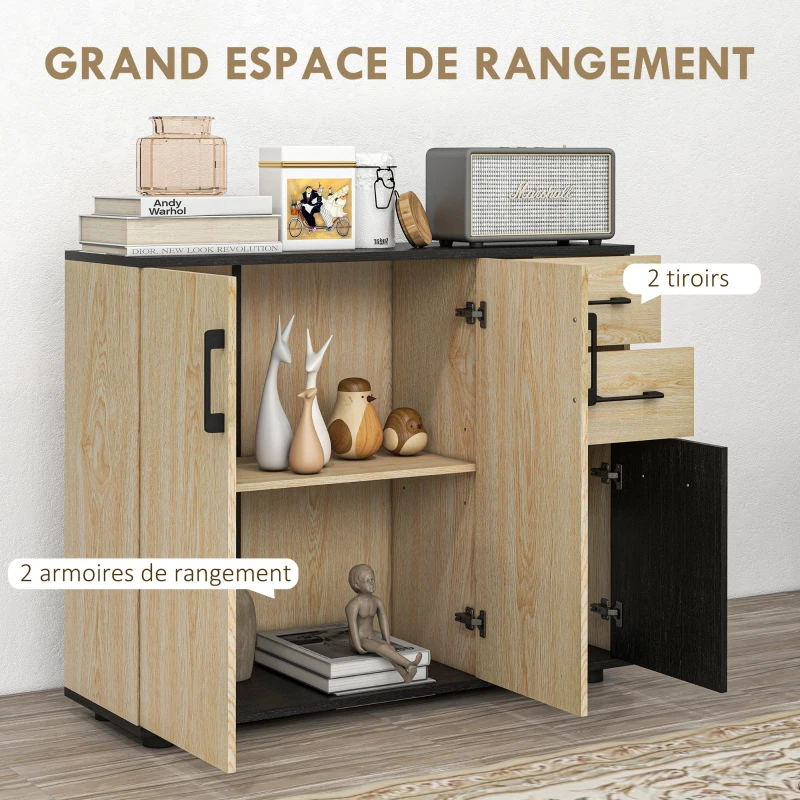 HOMCOM Meuble buffet de rangement cuisine 2 placards étagère réglable 2 tiroirs 90 x 30 x 75,5 cm naturel noir