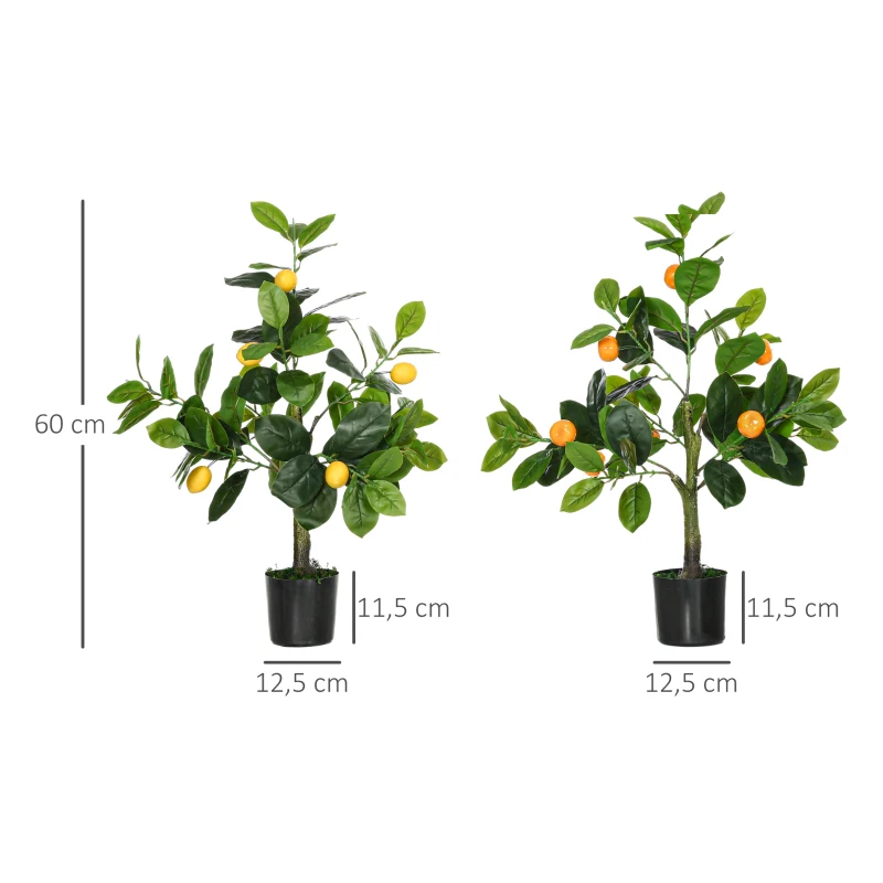 HOMCOM Juego de 2 Árboles Artificiales Decorativos Limonero y Naranjo de 60 cm Plantas Sintéticas para Decoración del Hogar