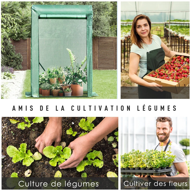 Outsunny Serre de jardin PE, serre de balcon, bâche renforcée 140 g/m², châssis en acier, porte zippée enroulable, pour légumes plantes fleurs, intérieur et extérieur, 100 x 50 x 150 cm, vert