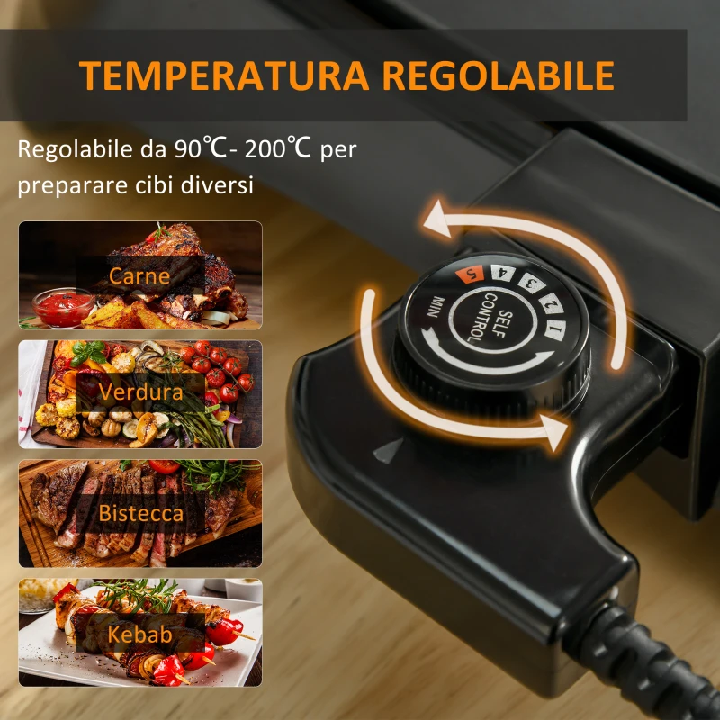 HOMCOM Griglia Elettrica 1600W Antiaderente con 2 Piastre, Temperatura 90-200° e Vassoio Raccogli-grasso