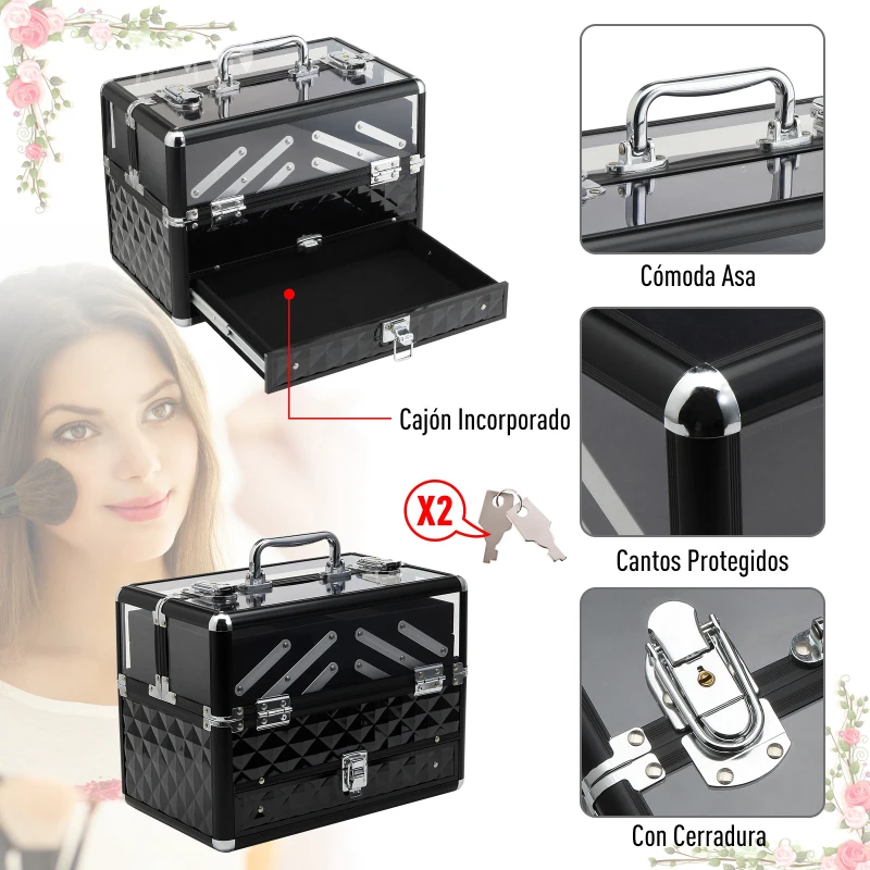 HOMCOM Maletín de Maquillaje Bisutería Organizador Cosméticos Portátil Múltiples Niveles Con Asa y Bandejas Desplegables Aleación de Aluminio 30x18,5x22 cm Transparente y Negro