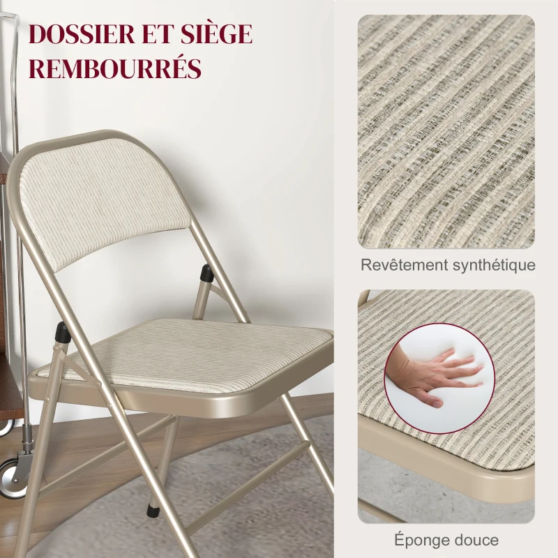 HOMCOM Lot de 4 chaises pliantes chaises de salle à manger portables cadre en acier dim. 45l x 46P x 78H cm beige