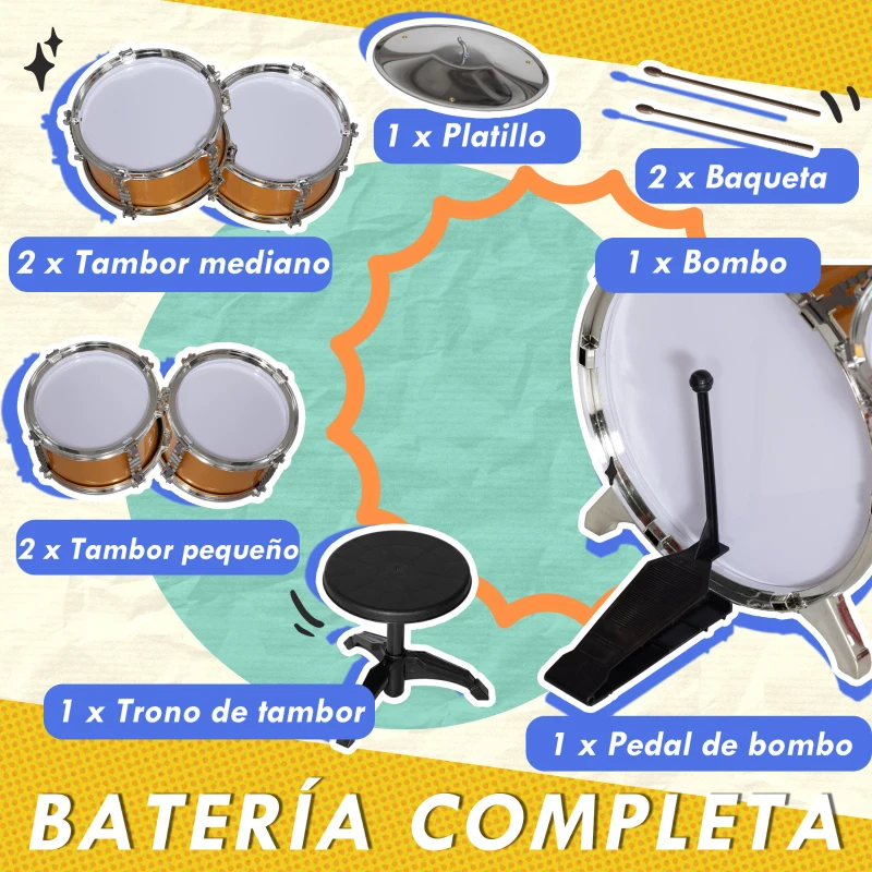 AIYAPLAY Batería para Niños de +3 Años con Taburete Tambores Bombo Platillo Pedal y Baquetas 65x36x76 cm Dorado