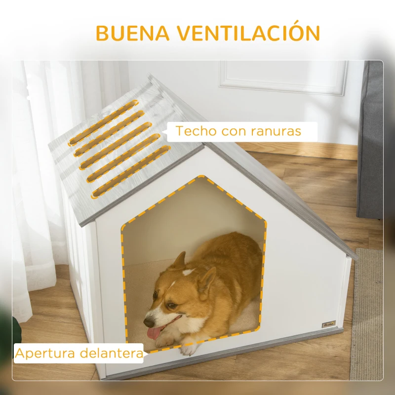 PawHut Caseta de Madera para Perros Interior Casa para Mascotas con Cojín Desenfundable Lavable y 5 Ventilaciones 84,5x54,5x75 cm Blanco