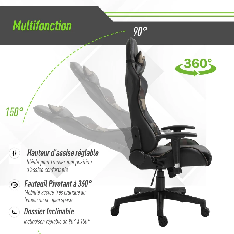 HOMCOM Fauteuil Gamer Chaise gaming Coussin Massant chaise de bureau Accoudoirs réglables coussin lombaire avec fonction de massage par vibration Noir