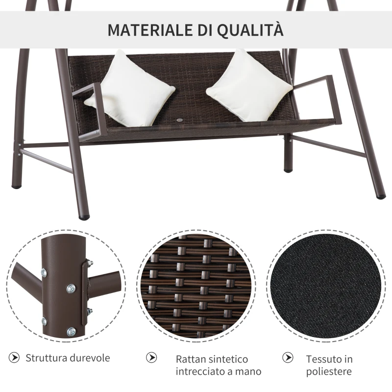 Outsunny Dondolo da Giardino 3 Posti in Rattan PE e Metallo con Cuscini e Tetto Parasole, 198x124x179cm, Marrone