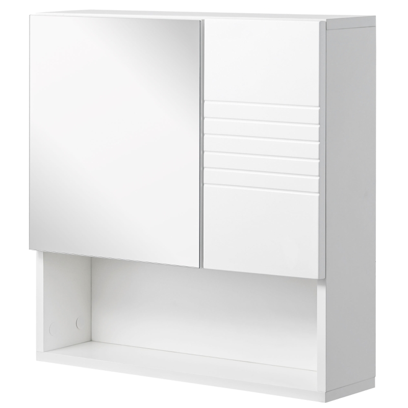 kleankin Armario de Baño con Espejo Mueble Auxiliar Montado en Pared con Estane Abierto y 2 Puertas con Balda Interior Ajustable 54x15x55 cm Blanco