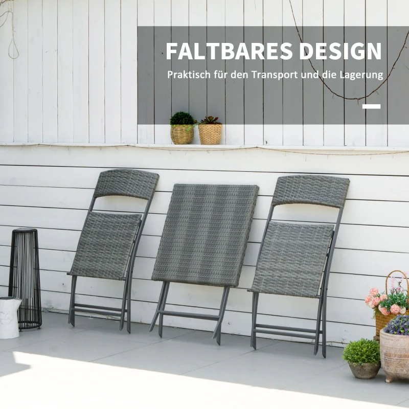 Outsunny Polyrattan Bistroset für 2 Personen Sitzgruppe Rattan Gartenmöbel Set Garnitur Grau