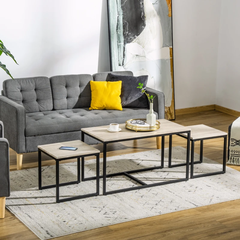 HOMCOM 3er-Set Couchtisch Satztisch Beistelltisch Kaffeetisch Metallfuß MDF Natur 90 x 45 x 50 cm/40 x 40 x 40 cm