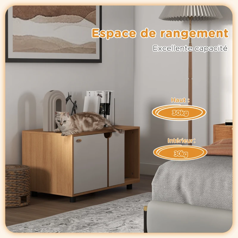 PawHut Meuble à litière maison de toilette sur pieds pour chat 2 en 1 portes style scandinave 80 x 48 x 48 cm naturel et blanc