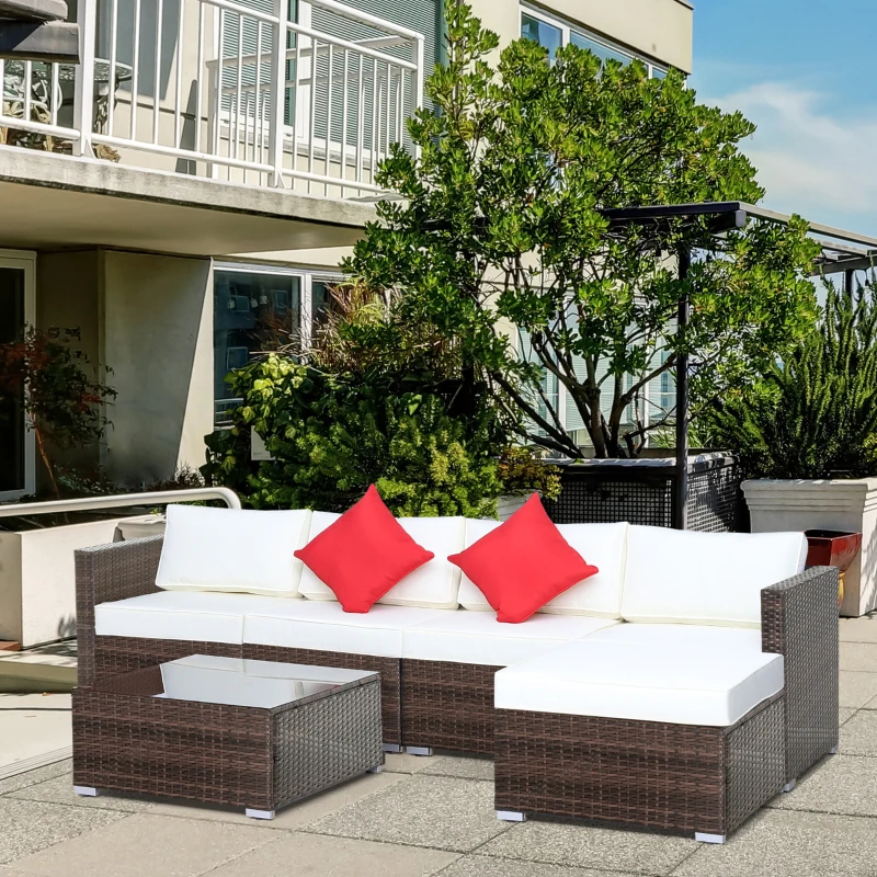 Outsunny 6 Pieces Rattan Garden Furniture Set, 5 Seater Sectional Garden Corner Sofa Set with Glass Top Coffee Table, Cushions and Pillows, All-Weather Wicker Conversation Furniture, Cream White