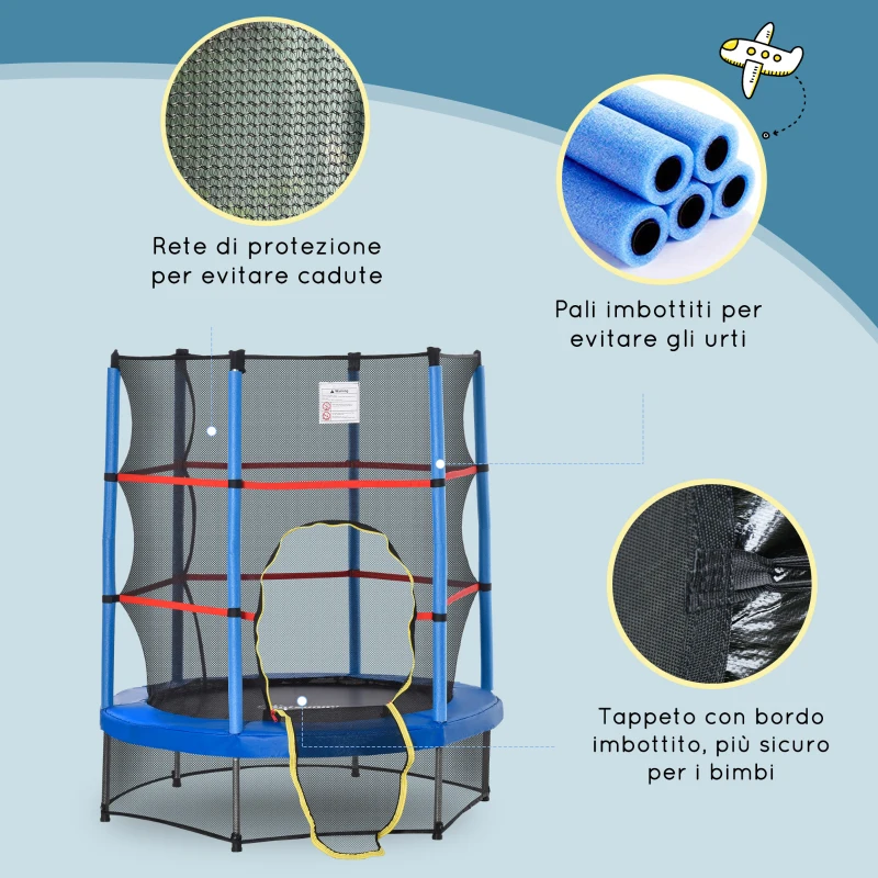 HOMCOM Tappeto Elastico per Bambini da 3 Anni con Rete di Protezione e Corde Bungee Ø140x160Acm, Blu