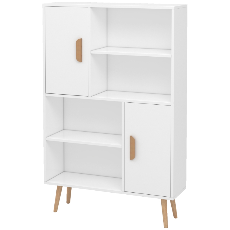HOMCOM Bibliothèque scandinave 4 niches + 2 placards avec étagère dim. 80L x 24l x 123H cm Pieds effilés inclinés Bois Massif Panneaux Particules Blanc