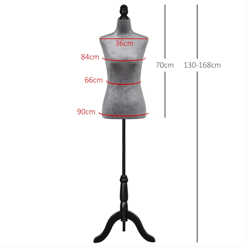 HOMCOM Maniquí de Costura Ajustable a 130-168 cm con Trípode de Madera para Fotografía de Moda Exposición de Prendas Gris