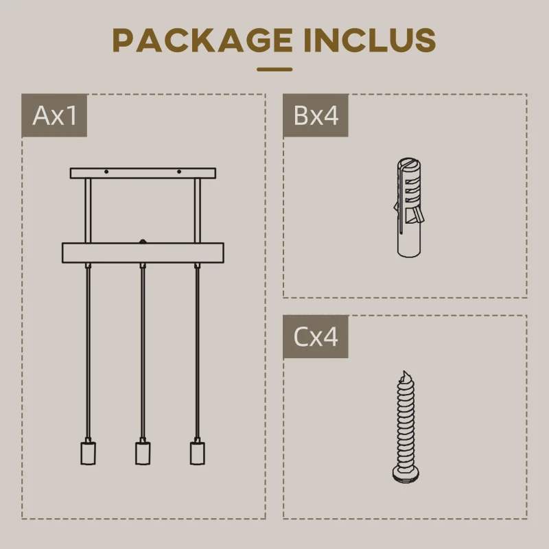HOMCOM Suspension luminaire industriel lustre vintage en métal et barre bois 3 lumières hauteur réglable 50 x 8 x 33 cm noir